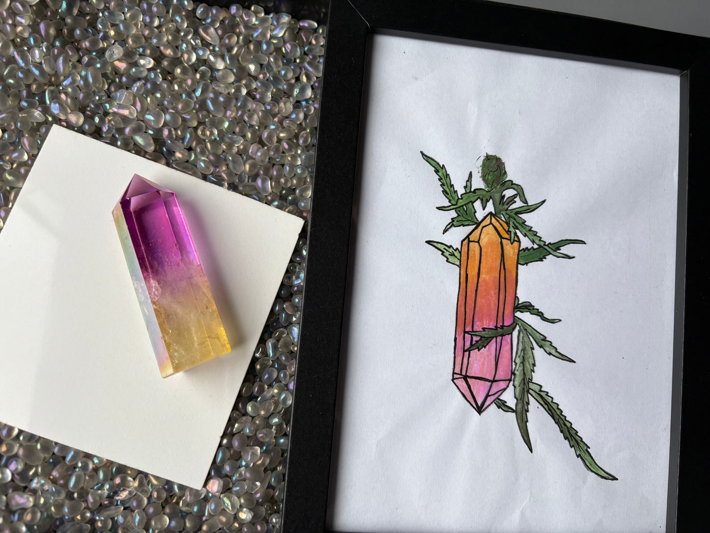 Aura Quartz Gemstone Crystal Tower & Watercolour Painting Framed Gift Set (2)