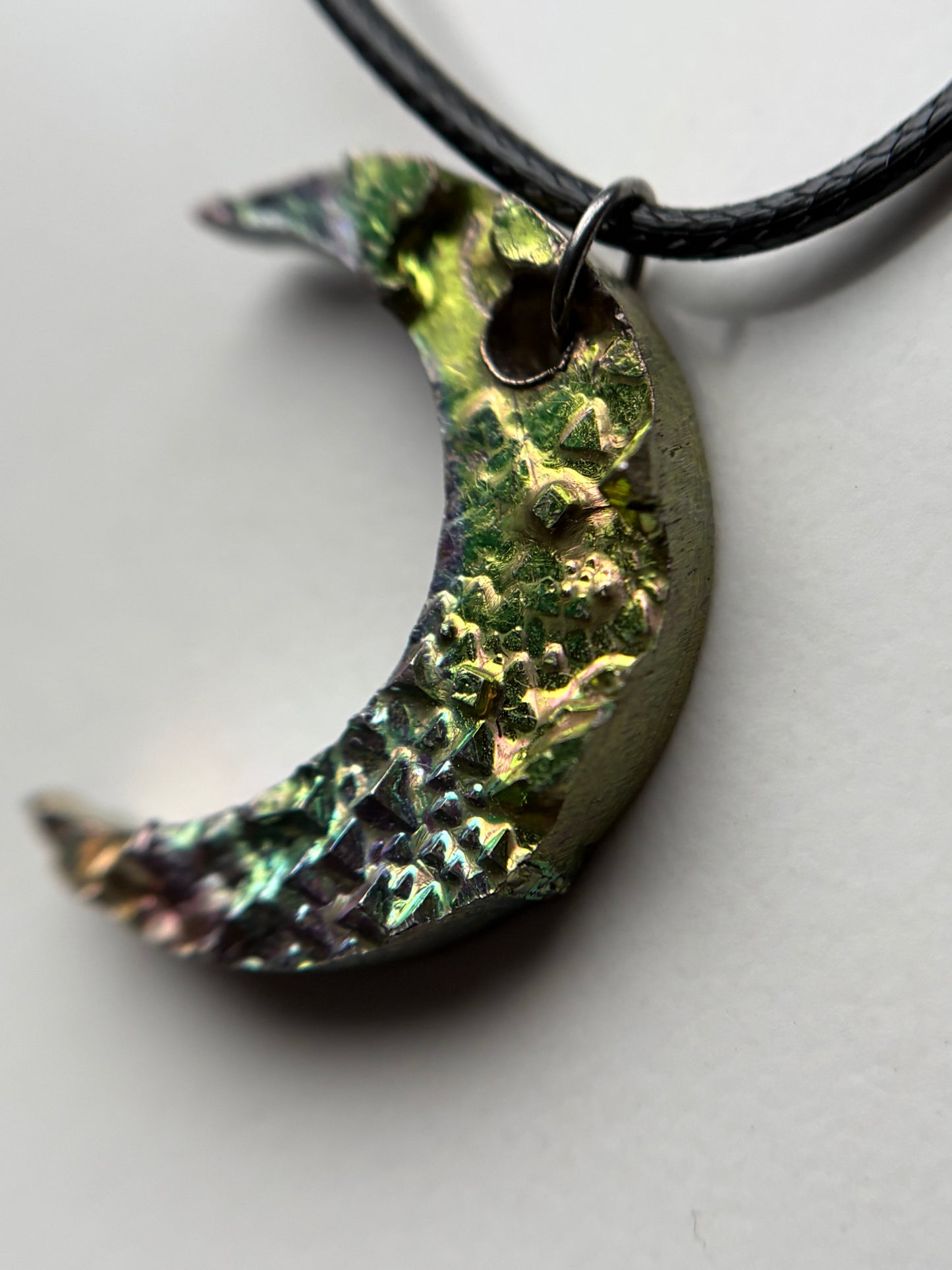 Rainbow Bismuth Crystal Moon Cut Out Metal Art Silver Drilled Necklace