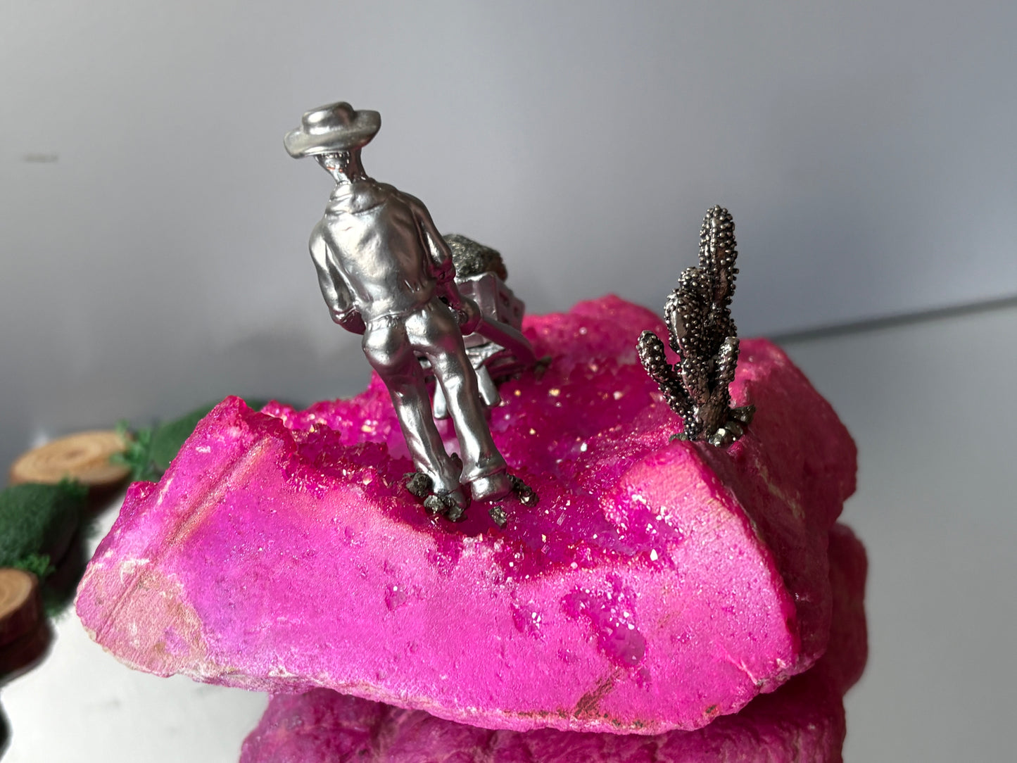 Hot Pink Aura Quartz & Pyrite Crystal Gemstone Miner Cluster - Large