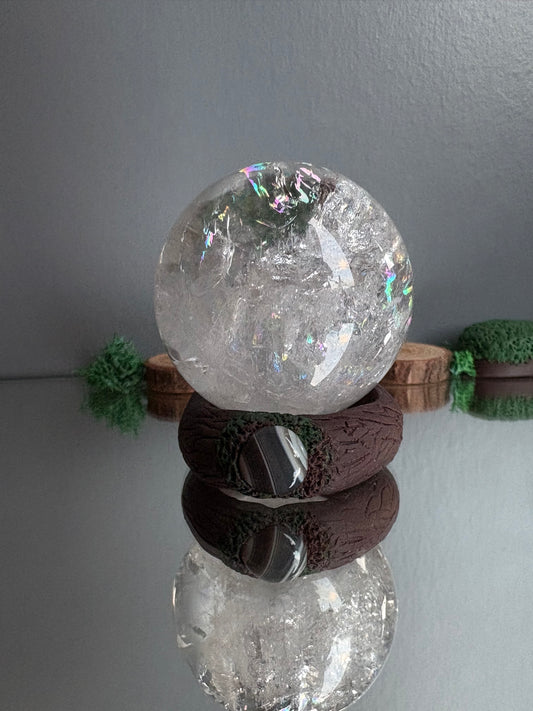 Rainbow Quartz Crystal Gemstone Sphere Clay Agate Ring Holder Gift Set