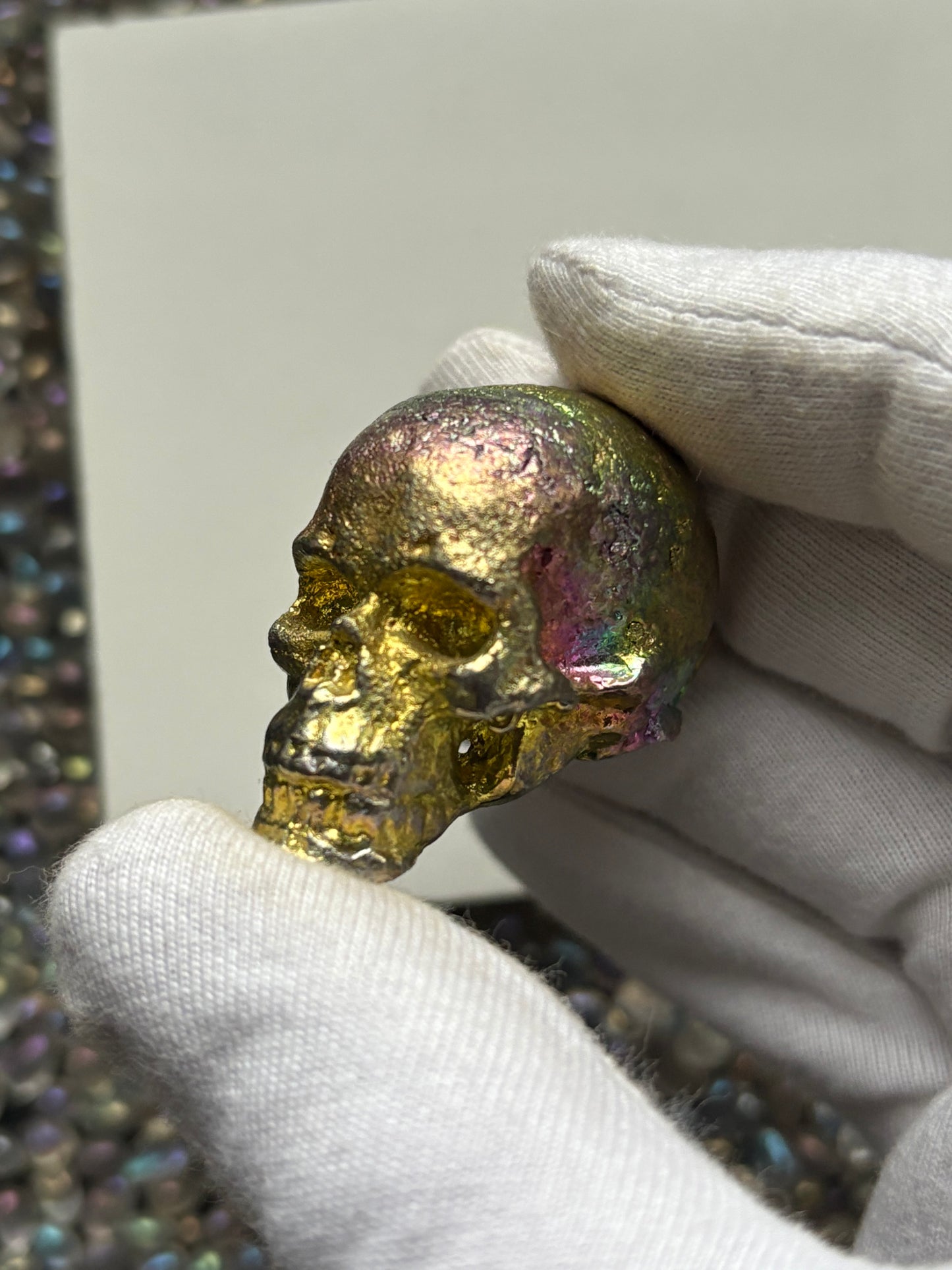 Rainbow Bismuth Crystal Skull Metal Sculpture Small