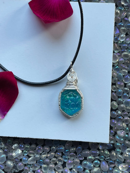 Carved Aurora Opal Doublet Crystal Gemstone - Wire Wrapped Necklace