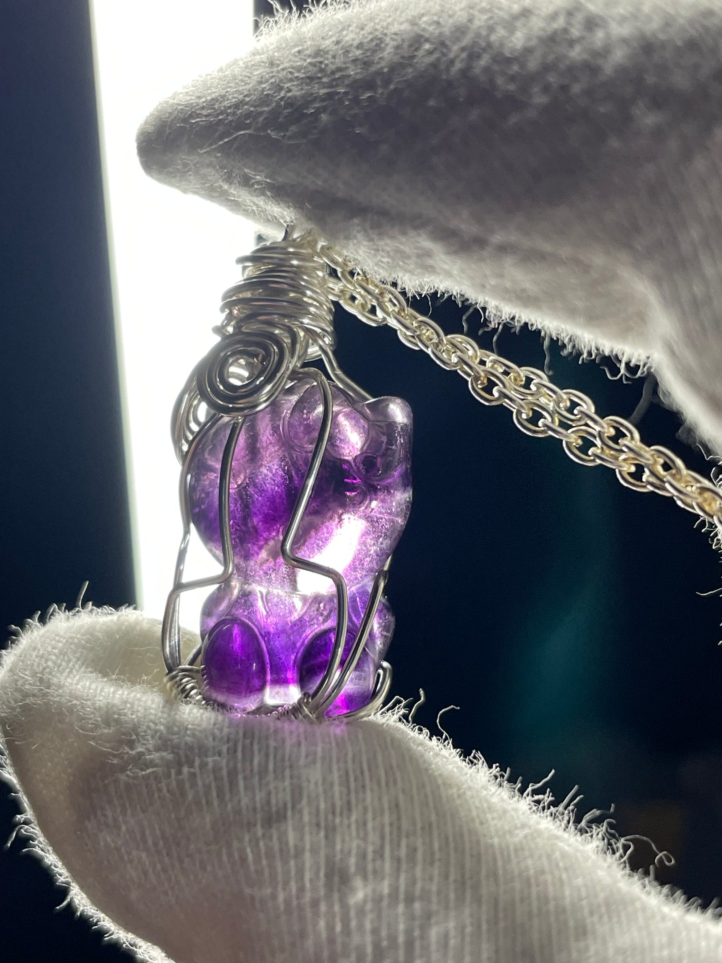 Fluorite Crystal Gemstone Hello Kitty Carving Silver Wire Wrap Necklace
