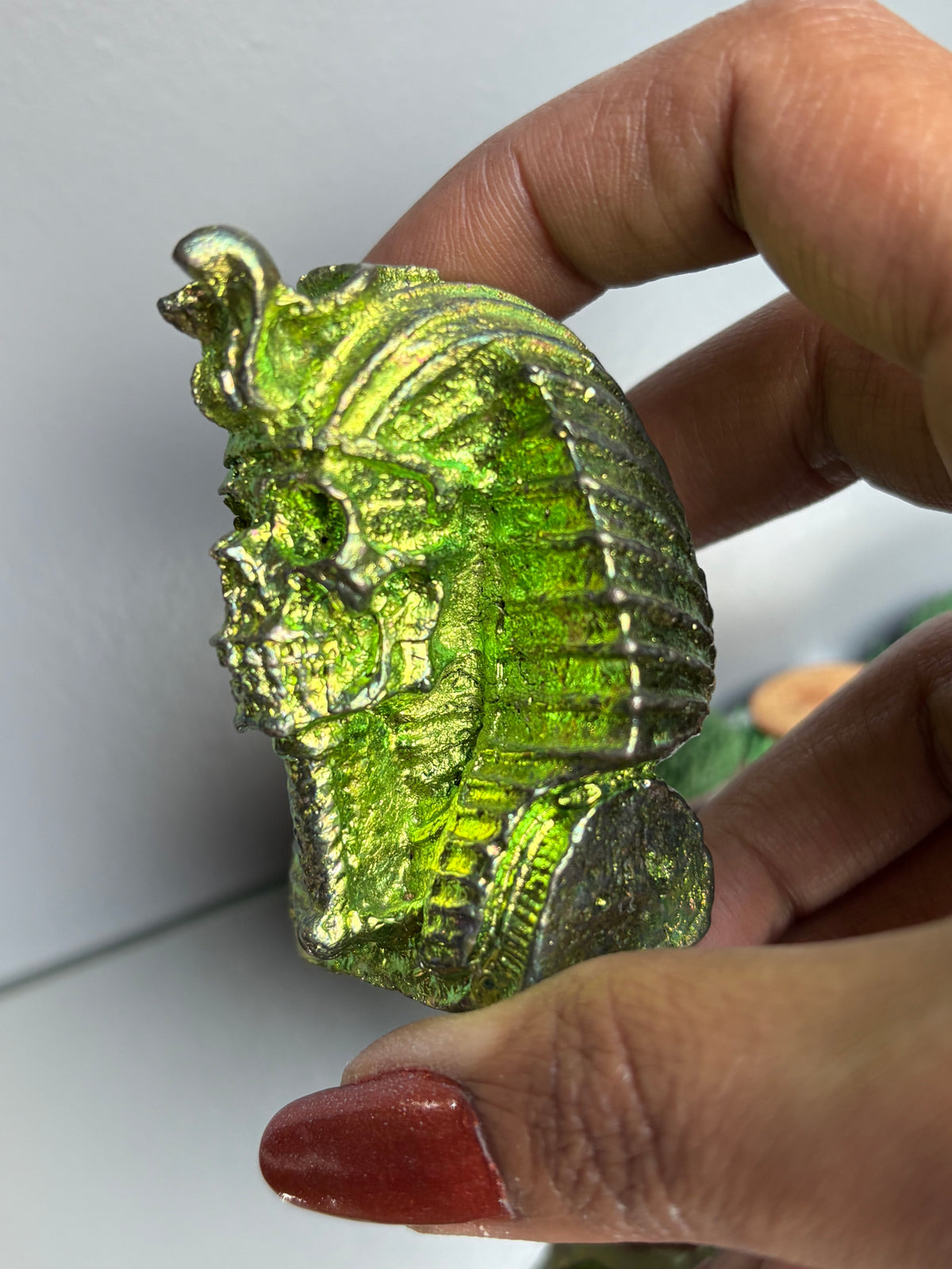 Green Bismuth Crystal King Tutankhamen Skull Metal Art Sculpture
