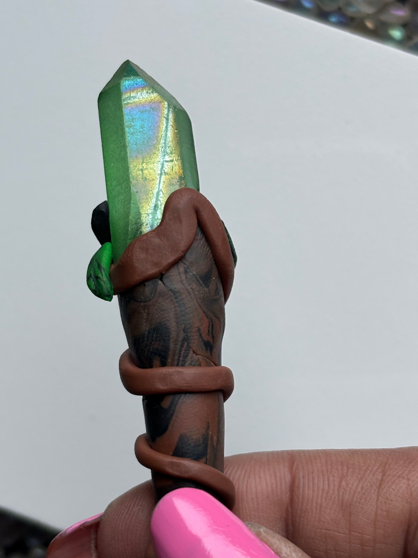 Apple Aura Quartz Crystal Gemstone Wooden Leaf Clay Wand