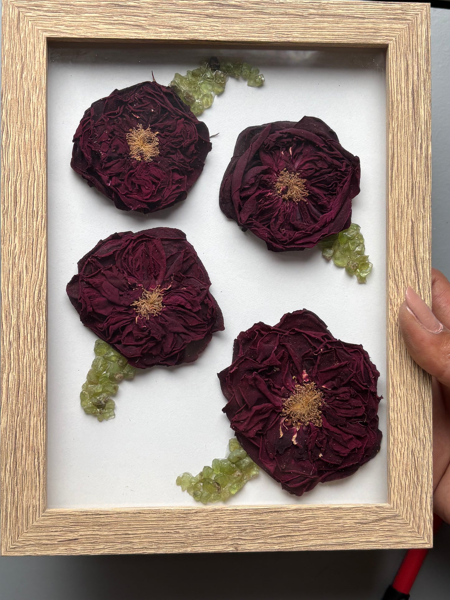 Full Dried Scottish Roses & Peridot Crystal Gemstone Leaf Art