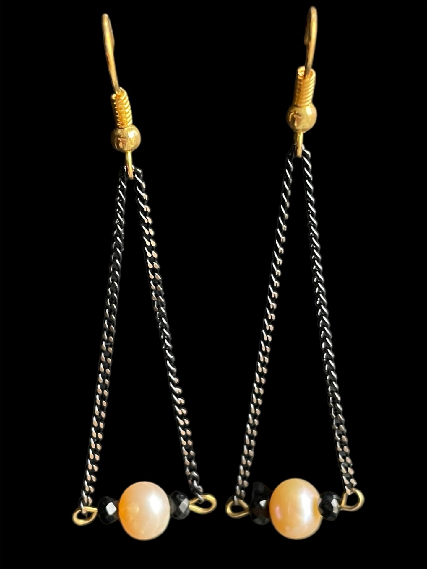 Peach Pearl & Black Spinel Crystal Gemstone Black Gold Chain Earrings (Certified)