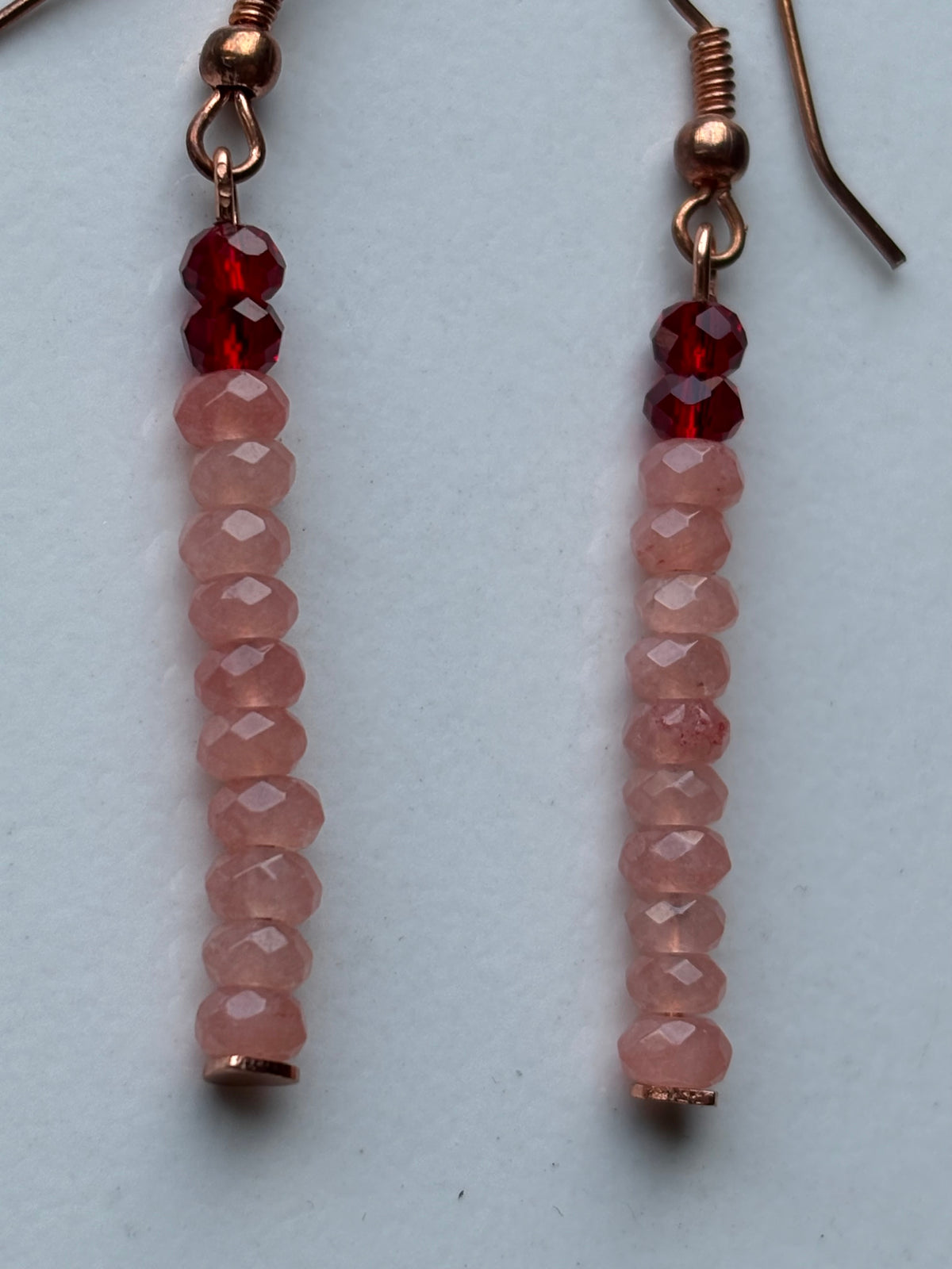 Peach Quartzite Gemstone Rondelle & Red Crystal Rose gold Earrings