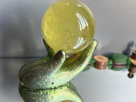 Green Bismuth Crystal Hand Sphere Holder Metal Art Sculpture