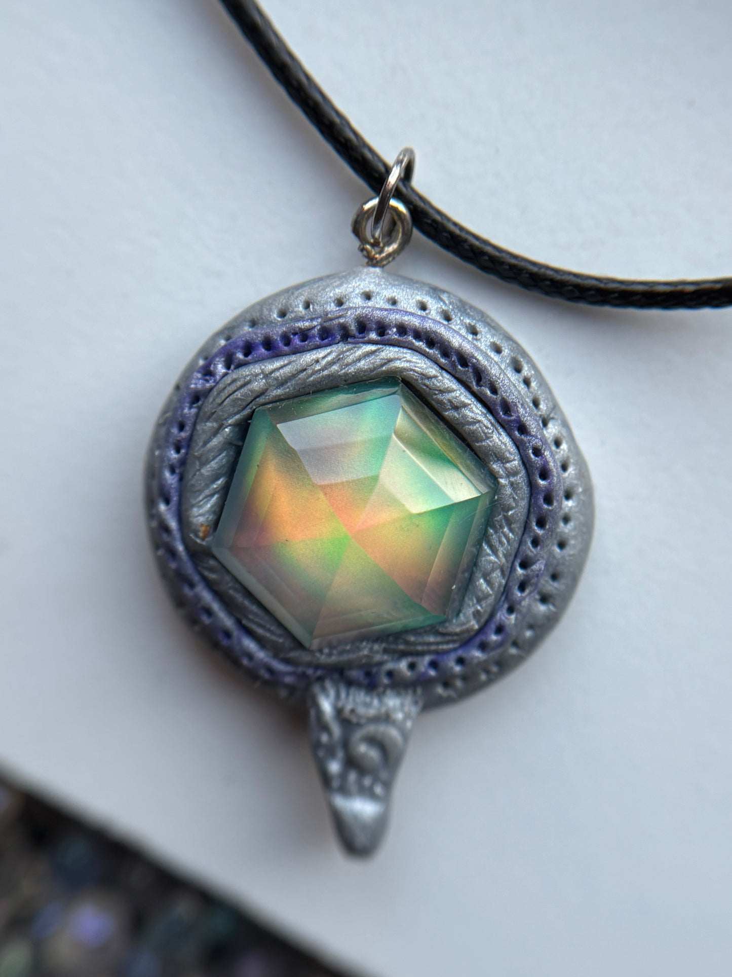 Aurora Opal Doublet Crystal Gemstone - Silver Lilac Hexagonal Dome - Necklace