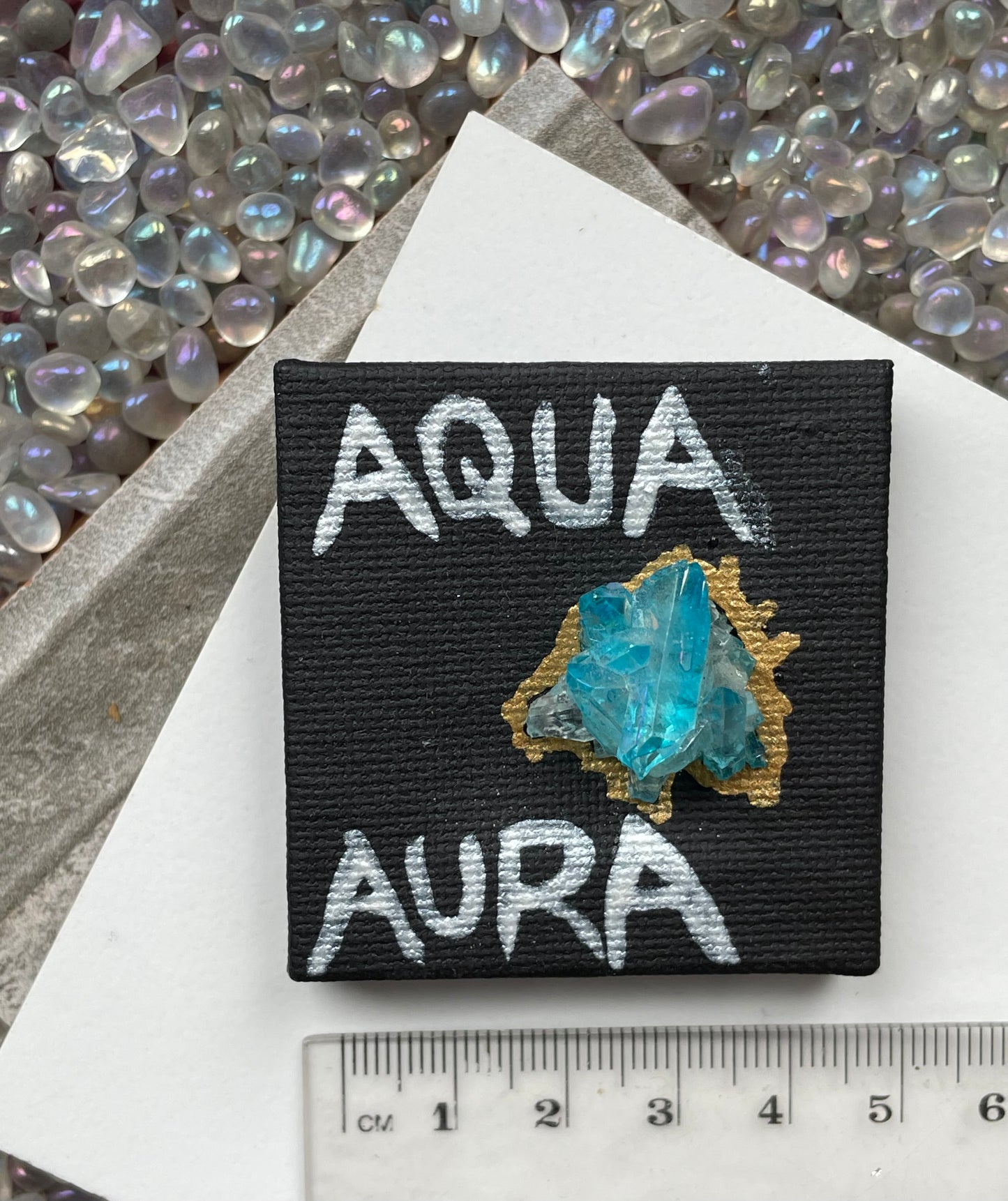 Aqua Aura Quartz Cluster Gemstone Crystal Mini Canvas Easel Art