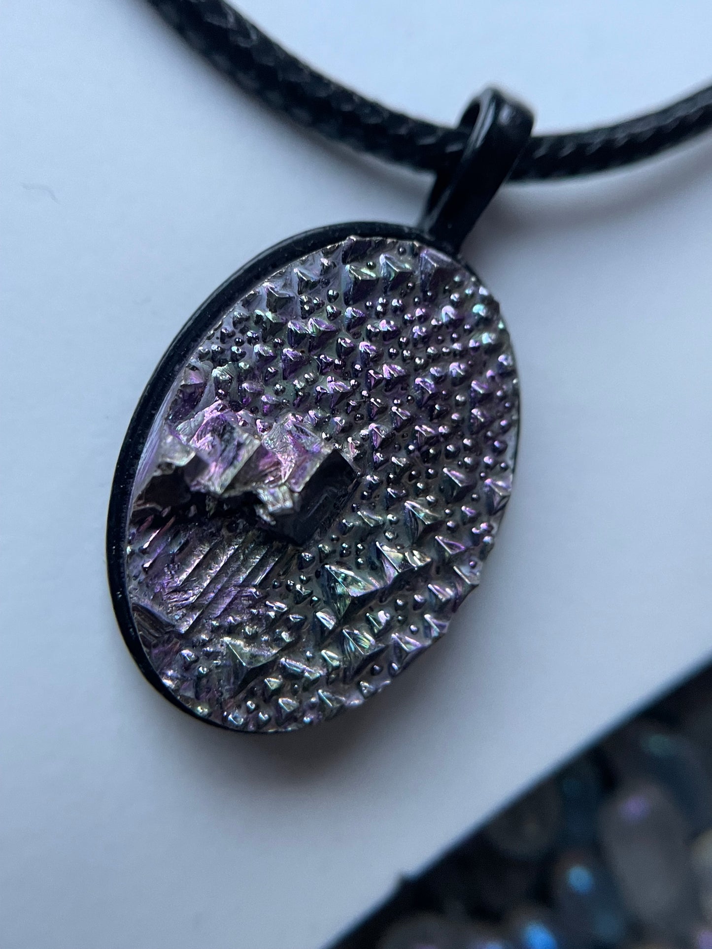 Purple Bismuth Crystal Metal Art Cord Necklace MINI OVAL