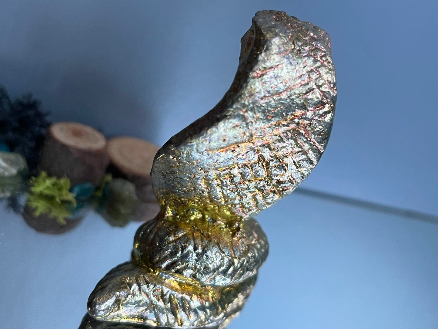 Gold Peach Bismuth Crystal Cobra Snake Metal Art Sculpture