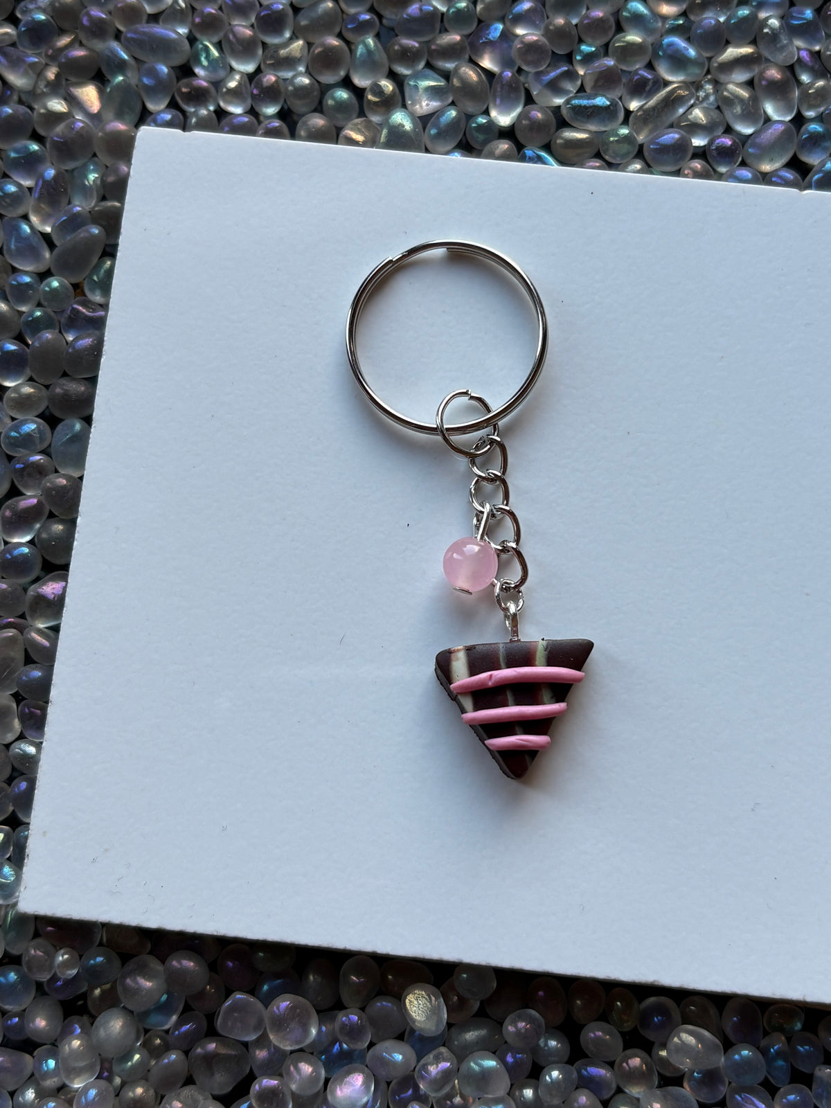 Chocolate Candy Triangle Clay & Pink Quartz Crystal Gemstone Keychain