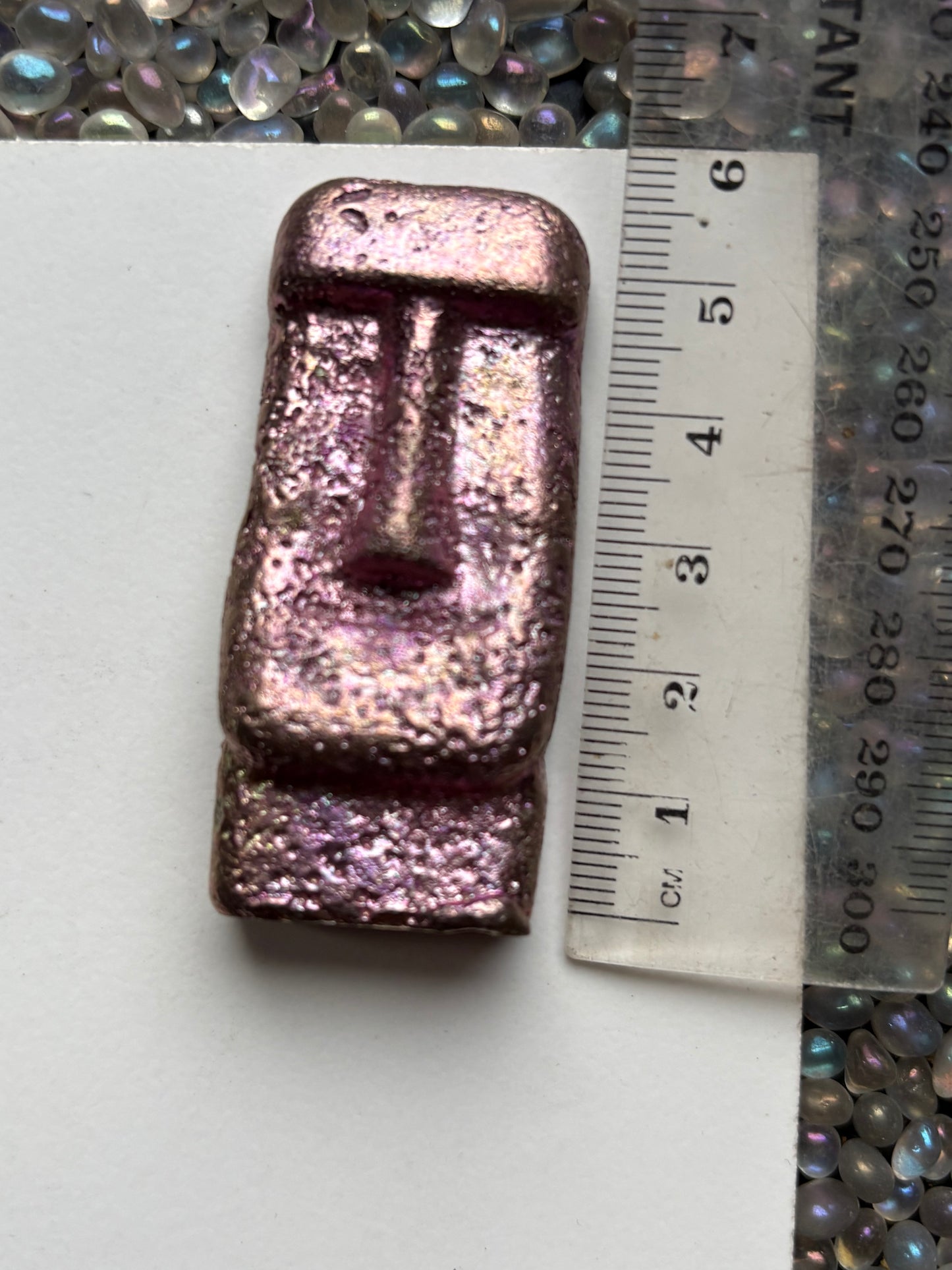 Pink Bismuth Crystal Moai Head Easter Island Metal Art Sculpture