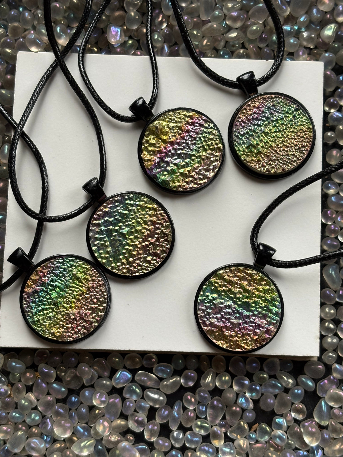 Rainbow Bismuth Crystal Metal Art Cord Necklace - Circle