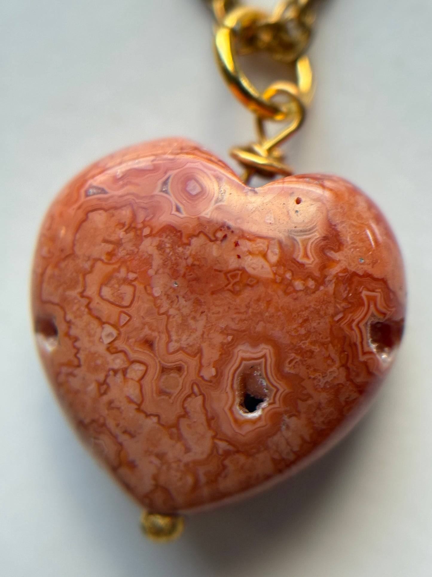Orange Agate Druzy Coral Fossil Crystal Gemstone Heart Carving Necklace
