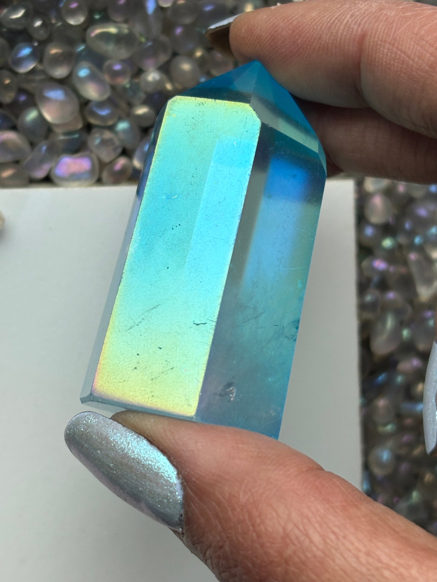 Aqua Blue Aura Quartz Crystal Gemstone Tower Point (2)