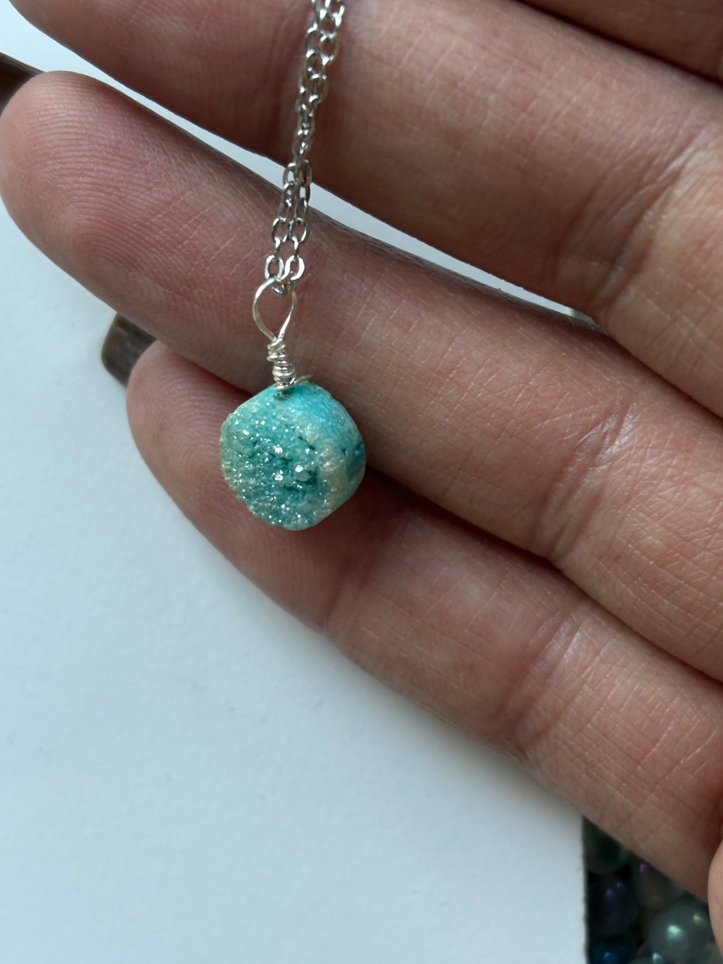 Turquoise Druzy Quartz Coin crystal gemstone silver Necklace