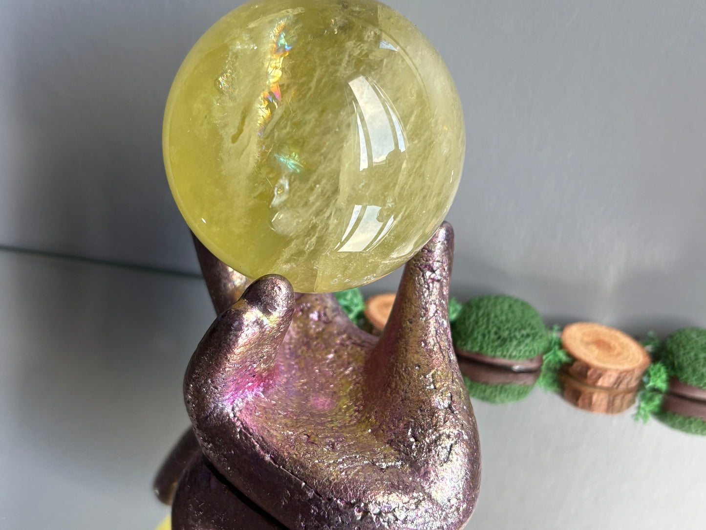 Pink Bismuth Crystal Hand Sphere Holder Metal Art Sculpture