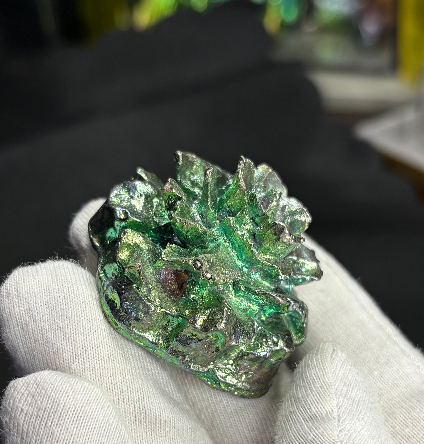 Teal Bismuth Crystal Small Rose Flower Metal Art Sculpture