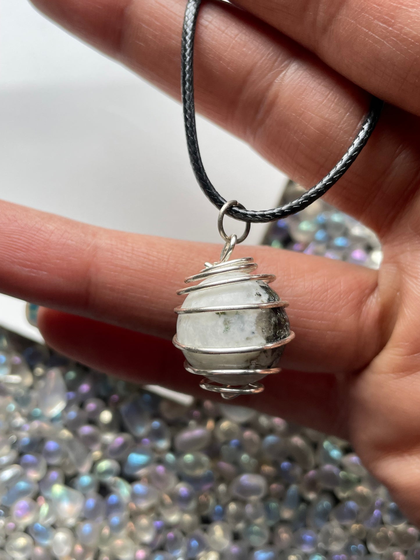 Rainbow Moonstone Crystal Gemstone Silver Spiral Wire Wrap Necklace