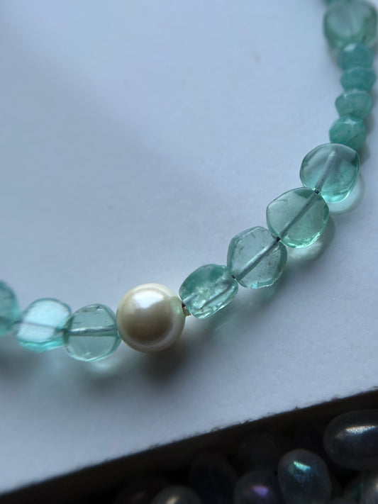 Pearl Aqua Chalcedony Apatite Crystal Gemstone Gold 925 Sterling Silver Bracelet
