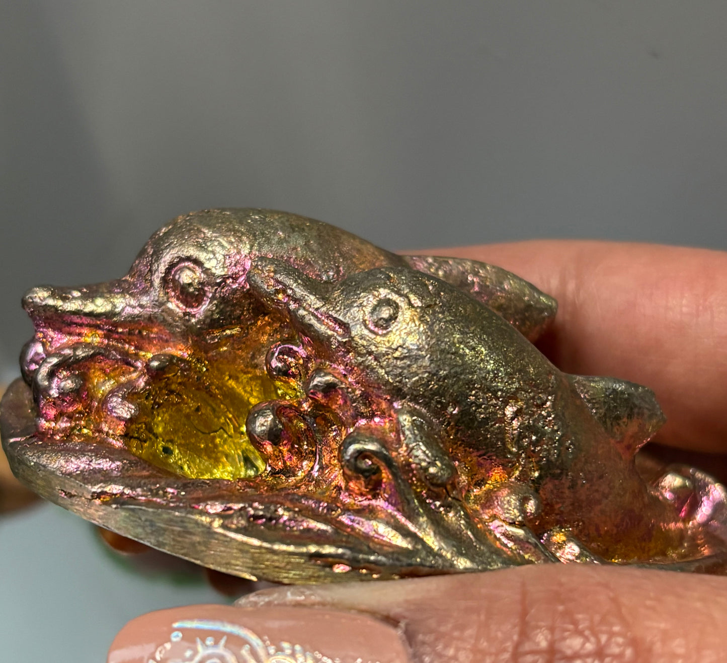 Gold Pink Bismuth Crystal Dolphin Pair Metal Art Sculpture