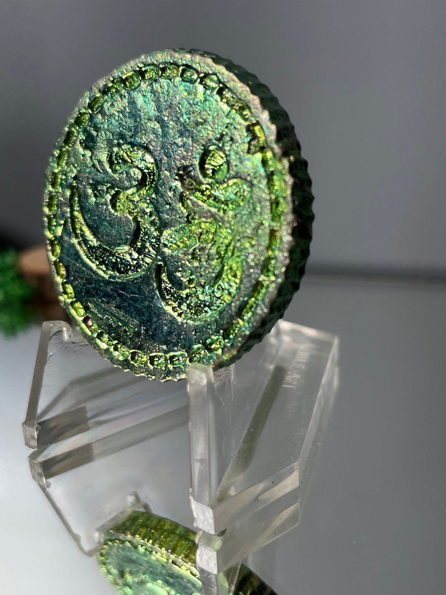 Green Bismuth Crystal Om Coin Metal Art Sculpture