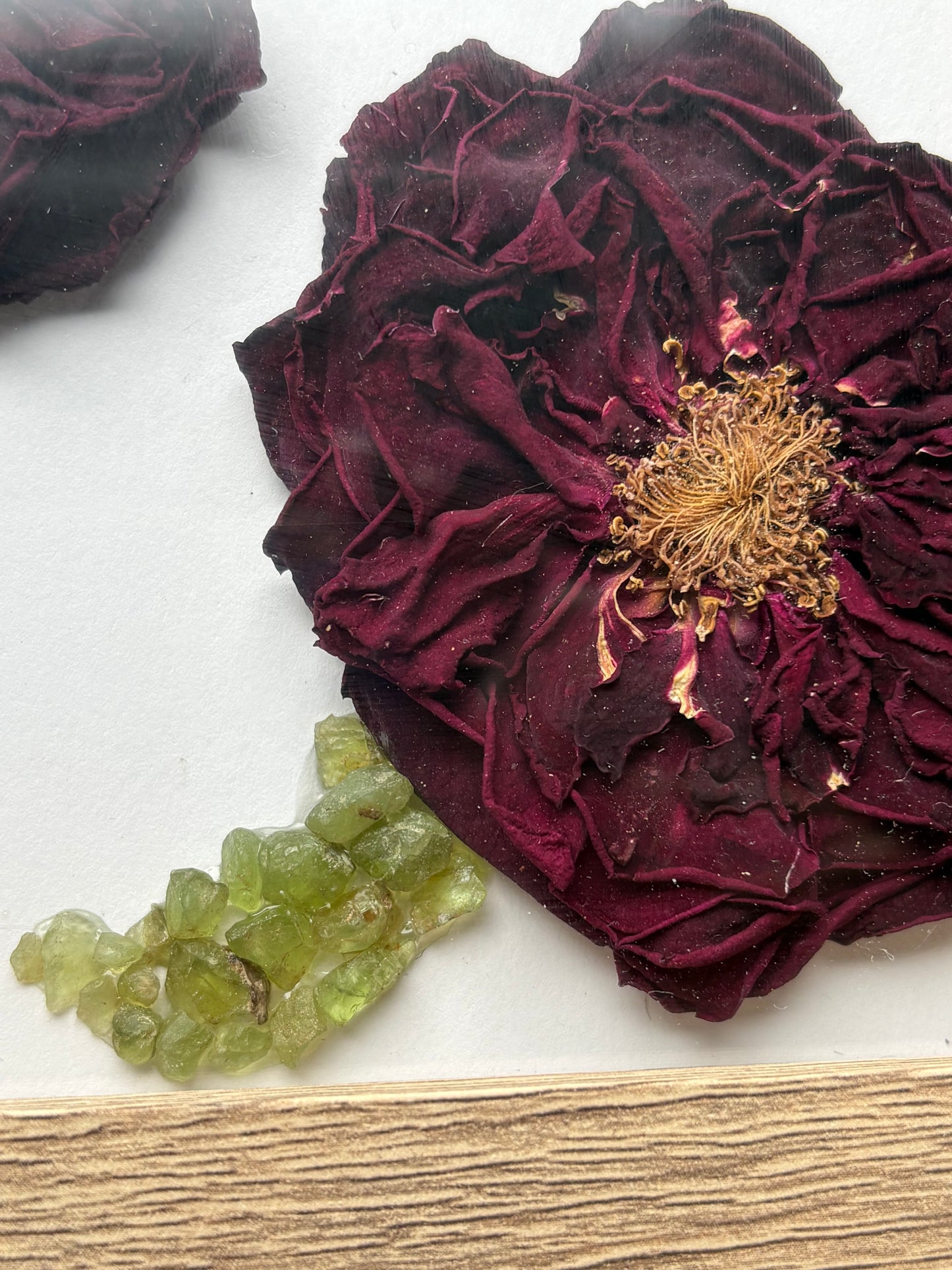 Full Dried Scottish Roses & Peridot Crystal Gemstone Leaf Art