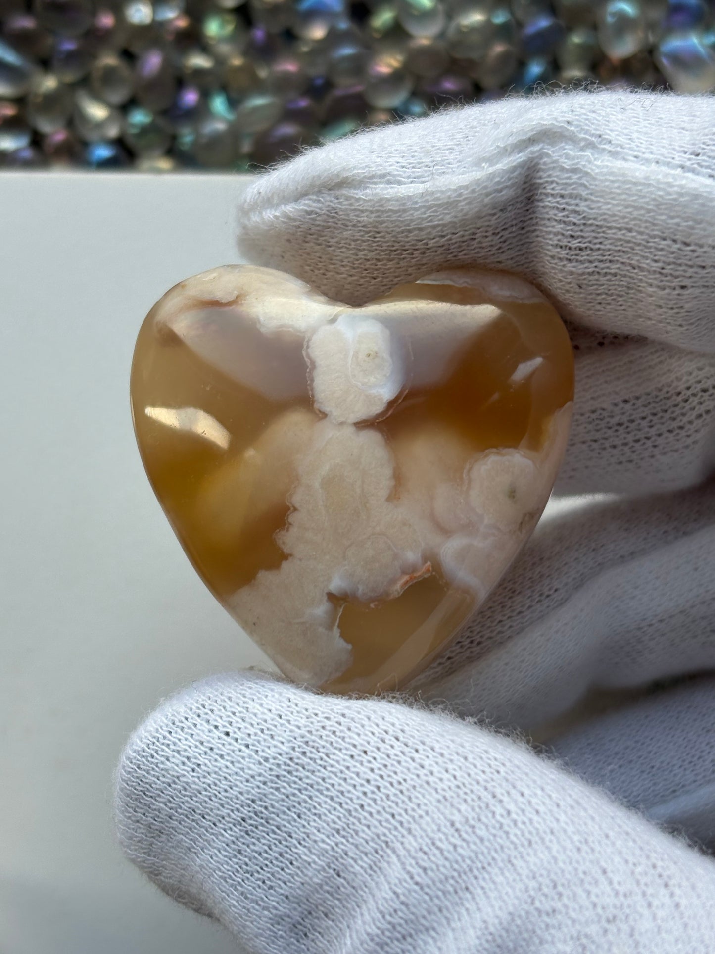 Flower Cherry Blossom Agate Gemstone Crystal Set - Mini Mushroom Tumbled Stone & Heart