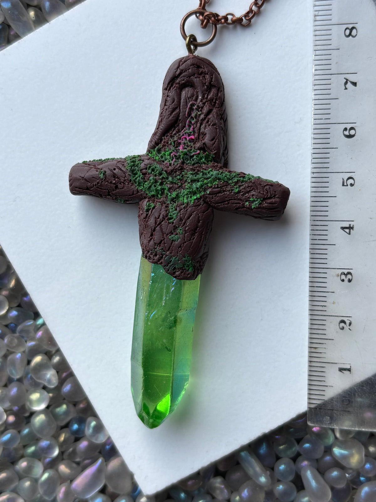 Green Aura Quartz Crystal Gemstone Enchanted Forest Sword Necklace