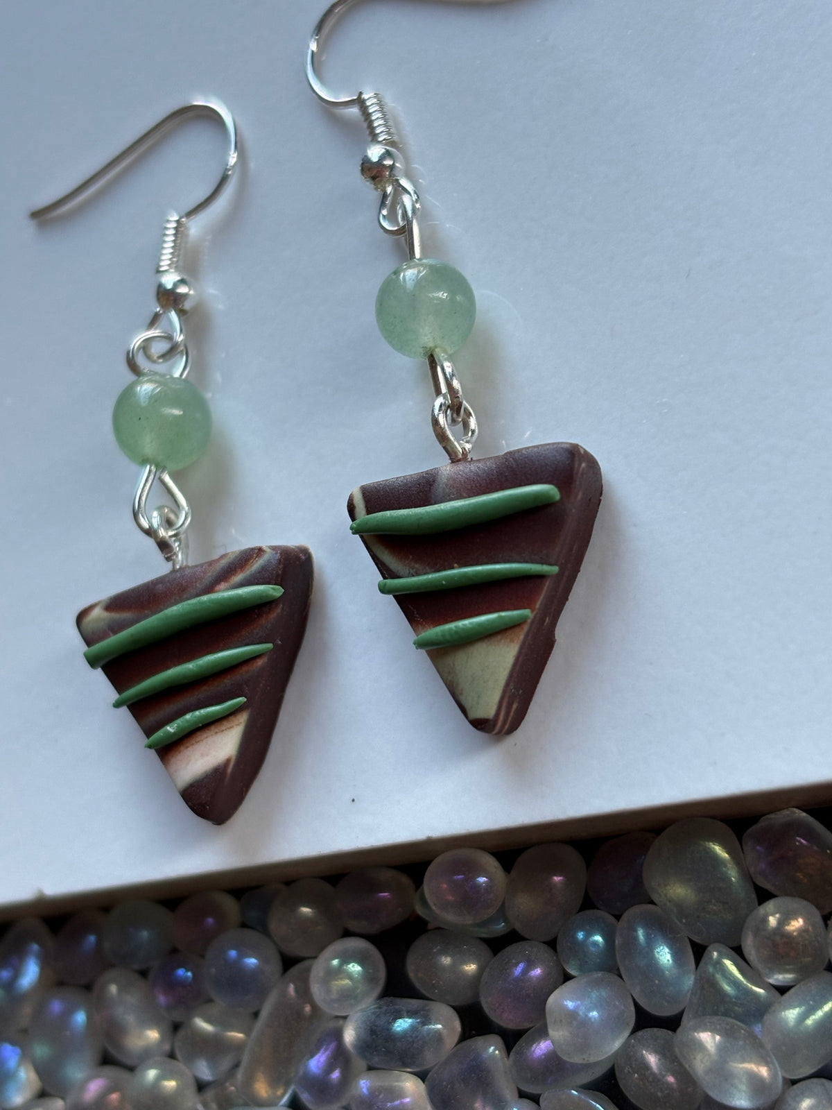Chocolate Candy Triangle Clay & Green Aventurine Crystal Gemstone Silver Earrings