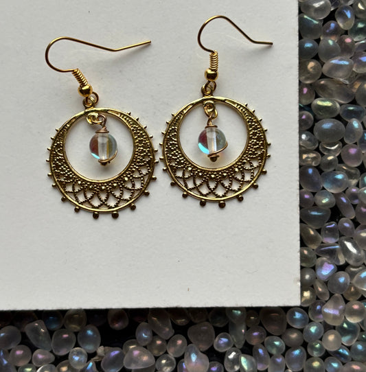 Angel Aura Quartz Crystal Gemstone Gold Filigree Hoop Earrings
