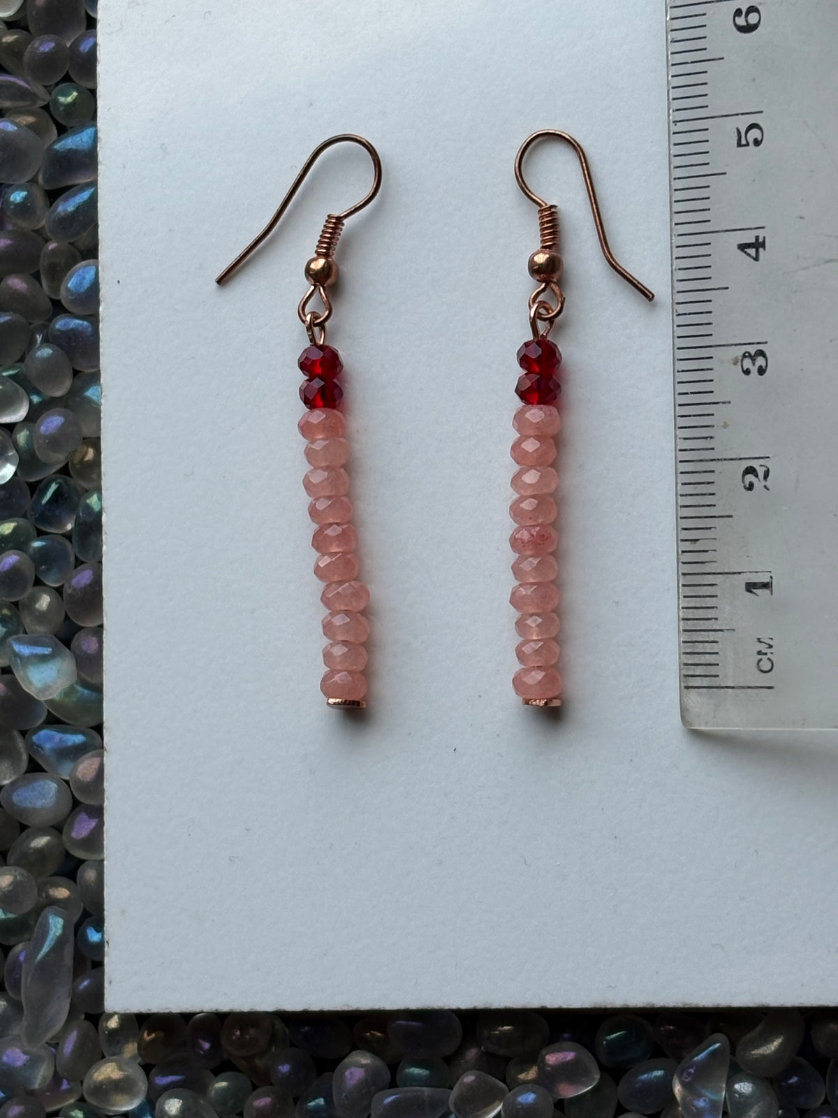 Peach Quartzite Gemstone Rondelle & Red Crystal Rose gold Earrings