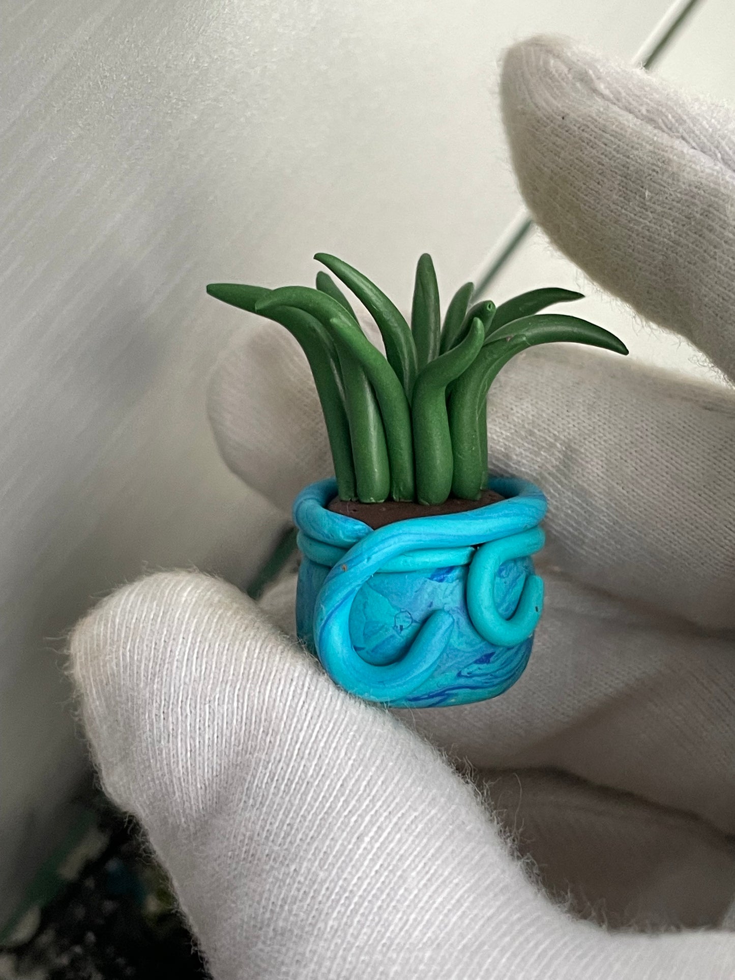 Grassy Potted Plant Clay Sphere Mini Holder - Blue (2)