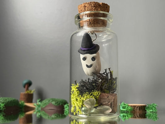 Floating Witchy Ghost In Garden Clay Glass Vial Art