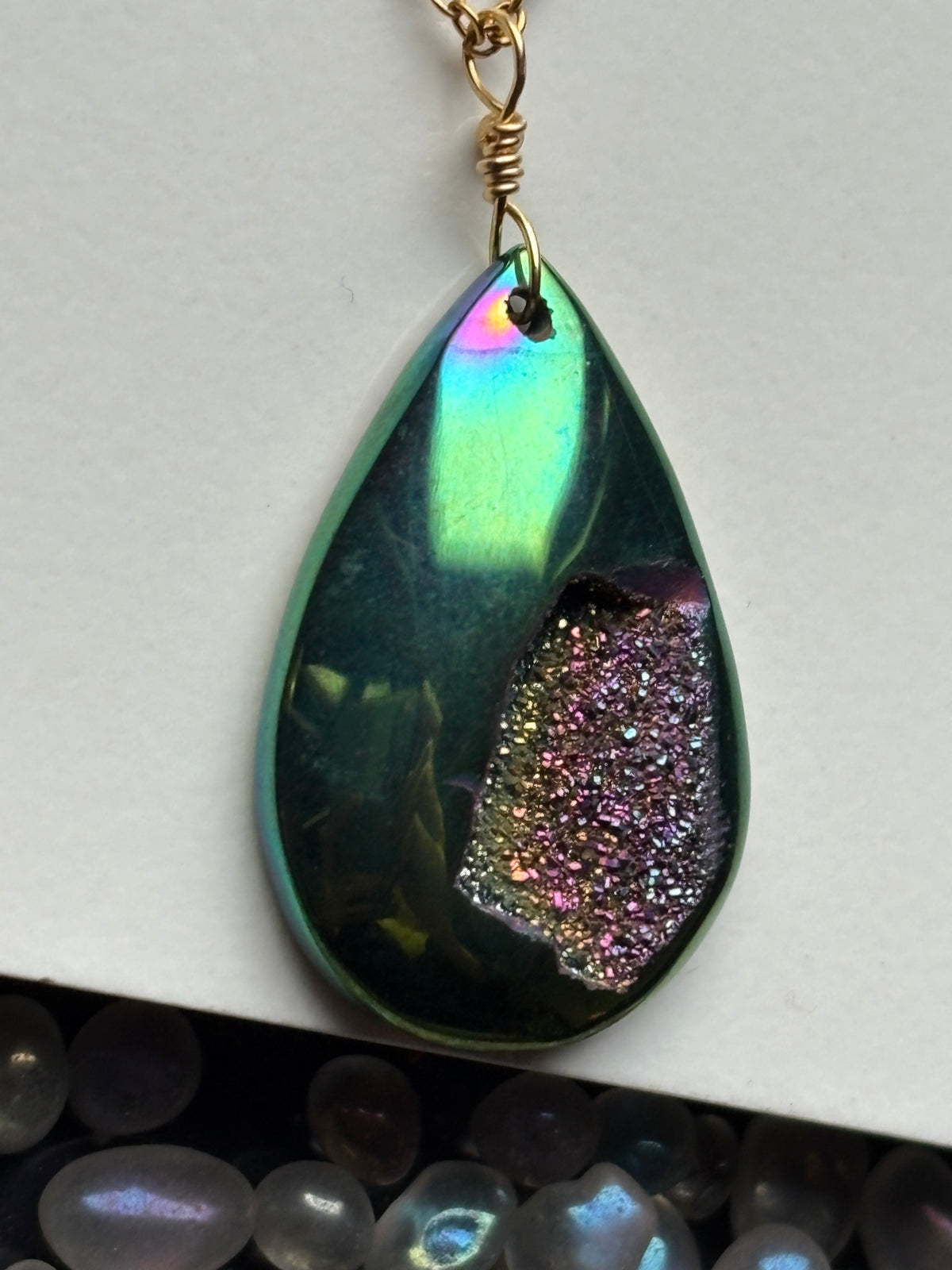 Peacock Green Aura Druzy Quartz Crystal Gemstone Gold Necklace