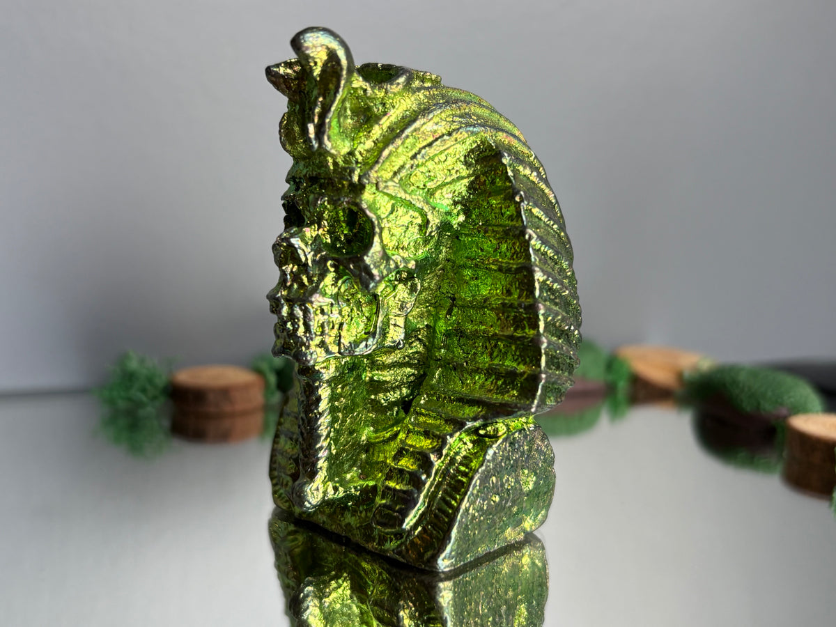 Green Bismuth Crystal King Tutankhamen Skull Metal Art Sculpture