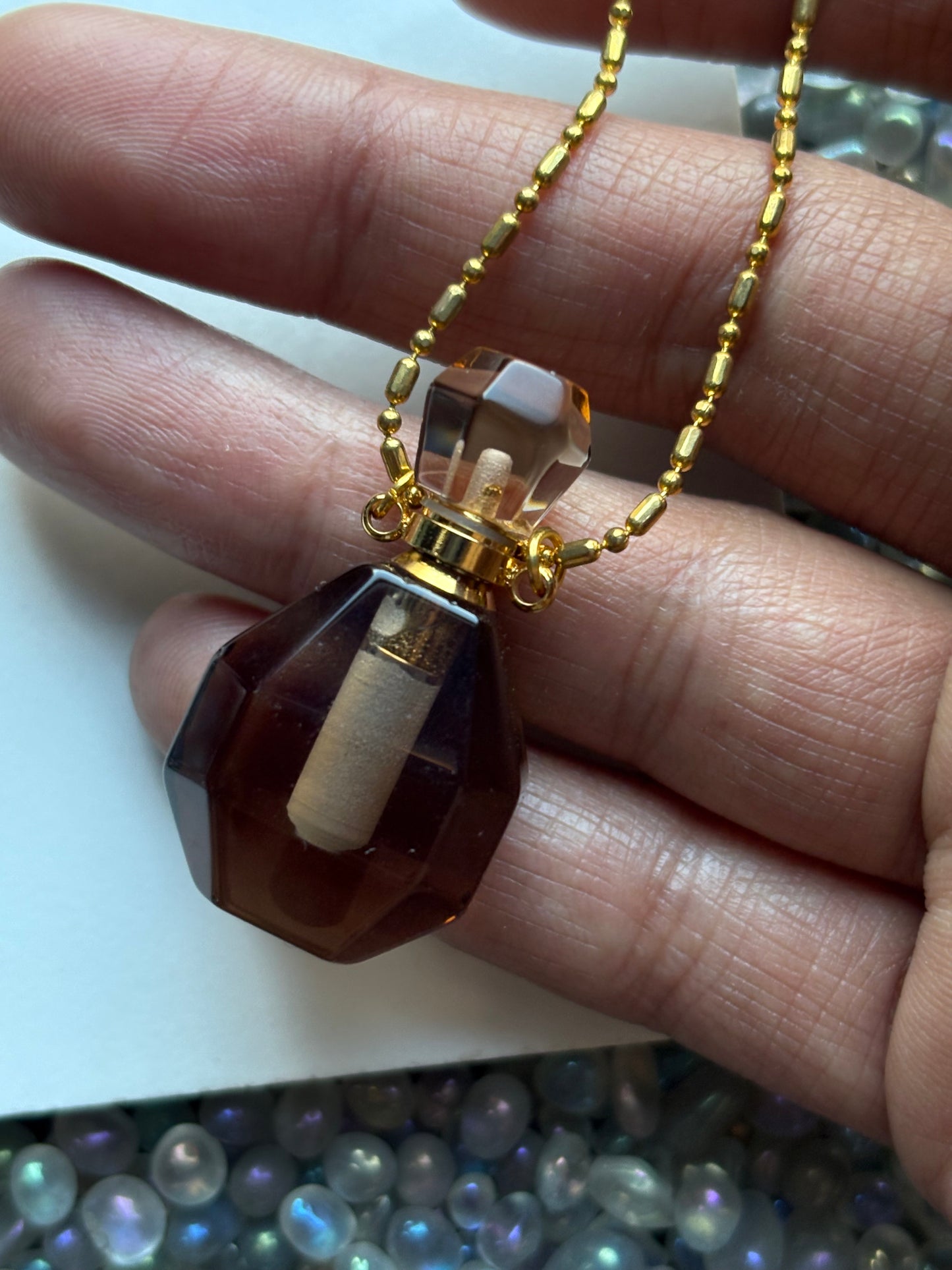 Smoky Quartz Crystal Gemstone Aromatherapy Perfume Bottle Pendant Necklace