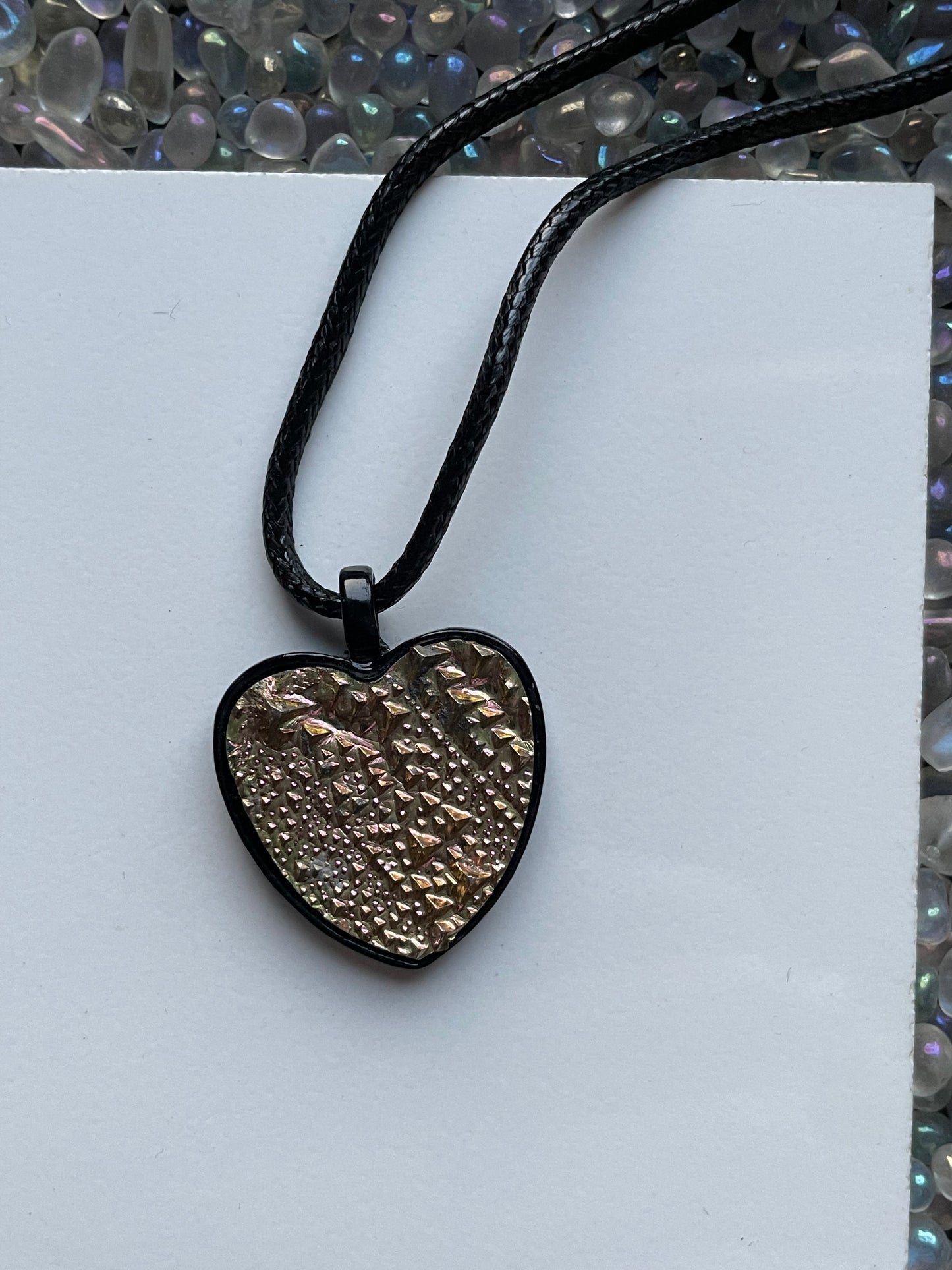 Peach Bismuth Heart Crystal Metal Art Cord Necklace