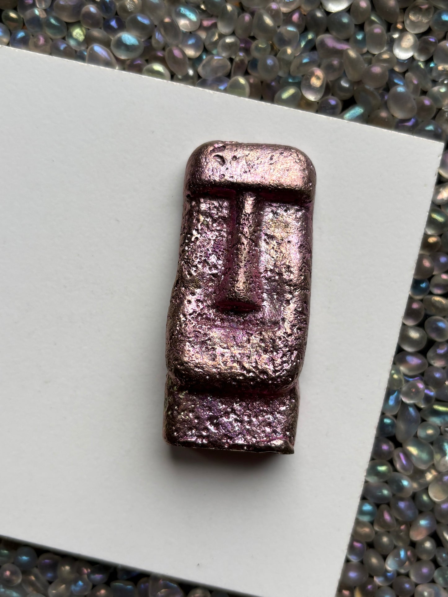 Pink Bismuth Crystal Moai Head Easter Island Metal Art Sculpture