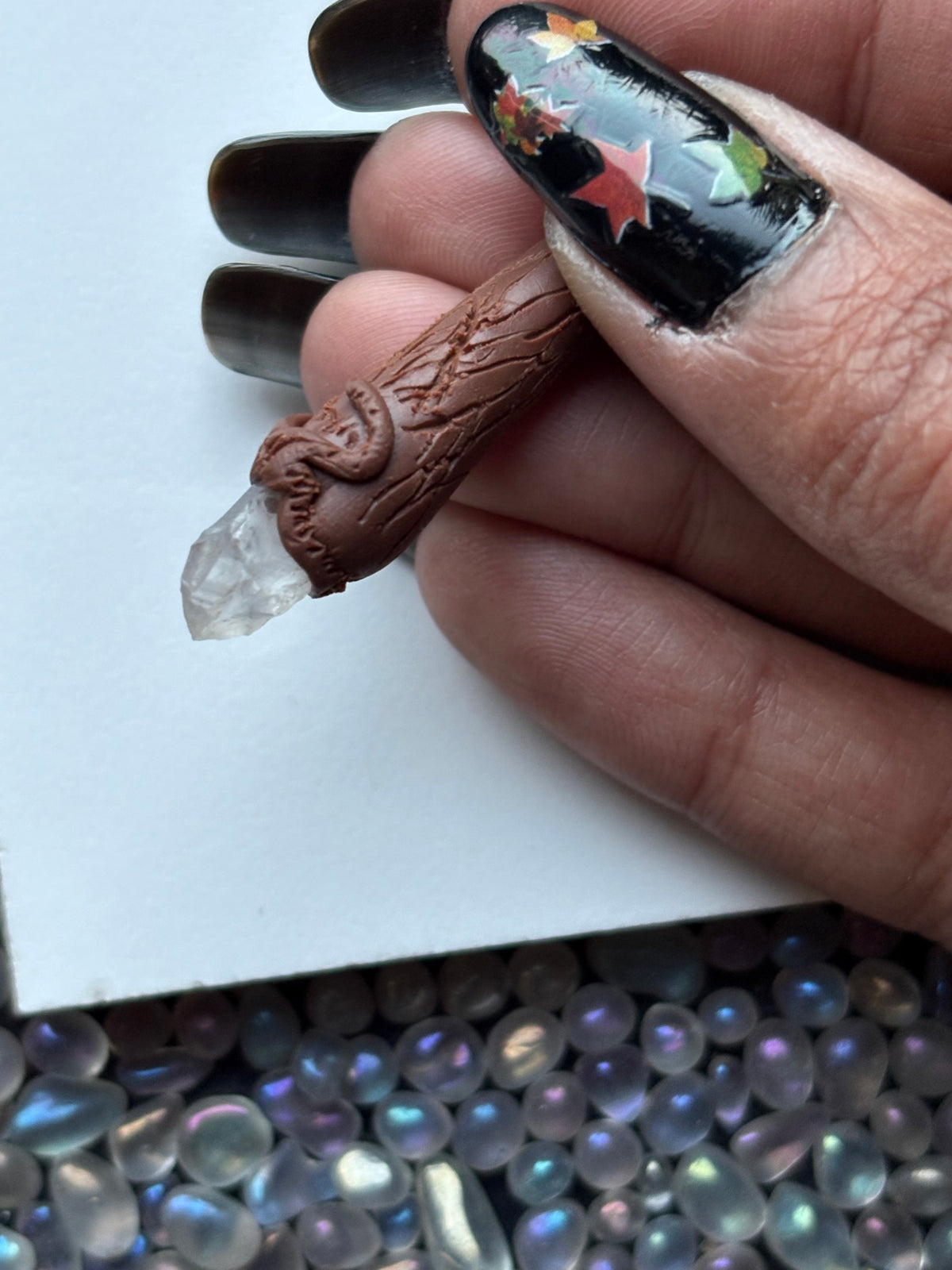 Scottish Quartz Crystal Gemstone Clay Wooden Wand Necklace (2)