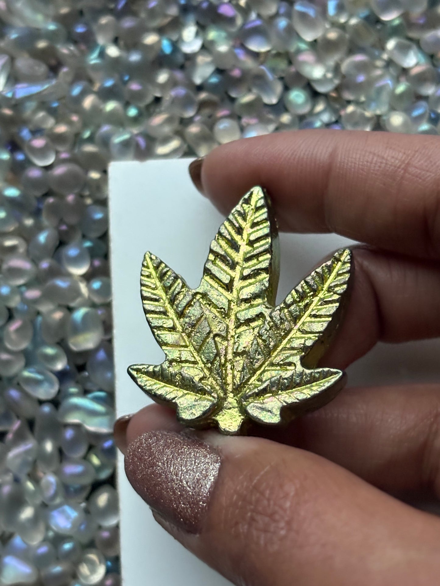 Lime Gold Colour Bismuth Crystal Pot Leaf Sculpture