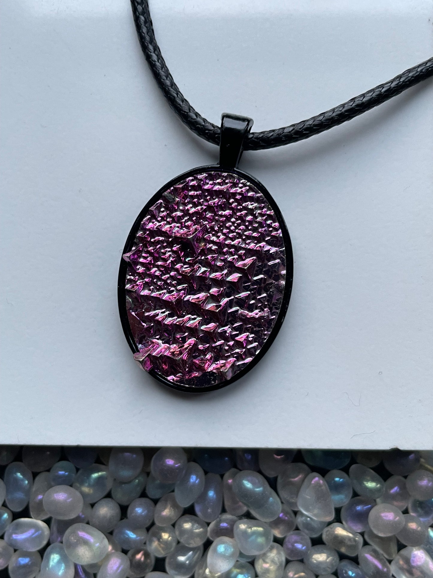 Pink Bismuth Crystal Metal Art Cord Necklace OVAL