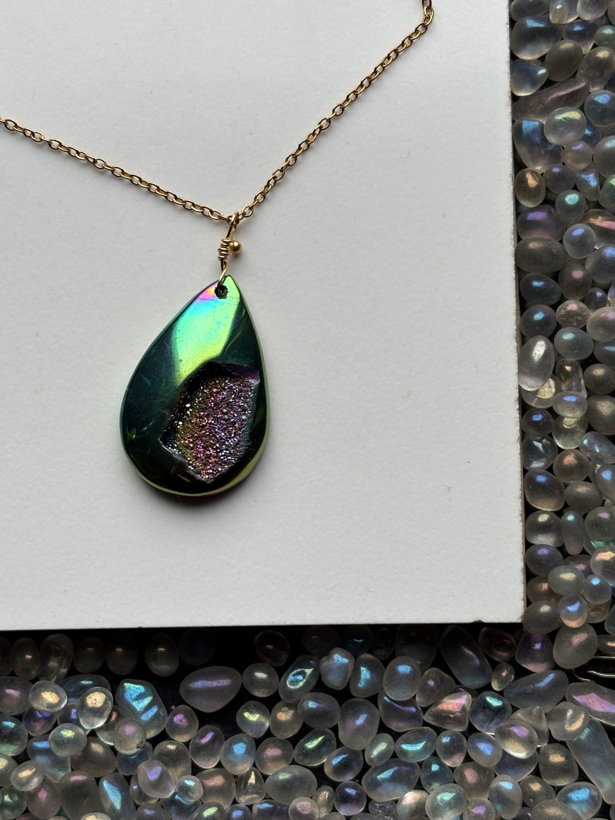Peacock Green Aura Druzy Quartz Crystal Gemstone Gold Necklace