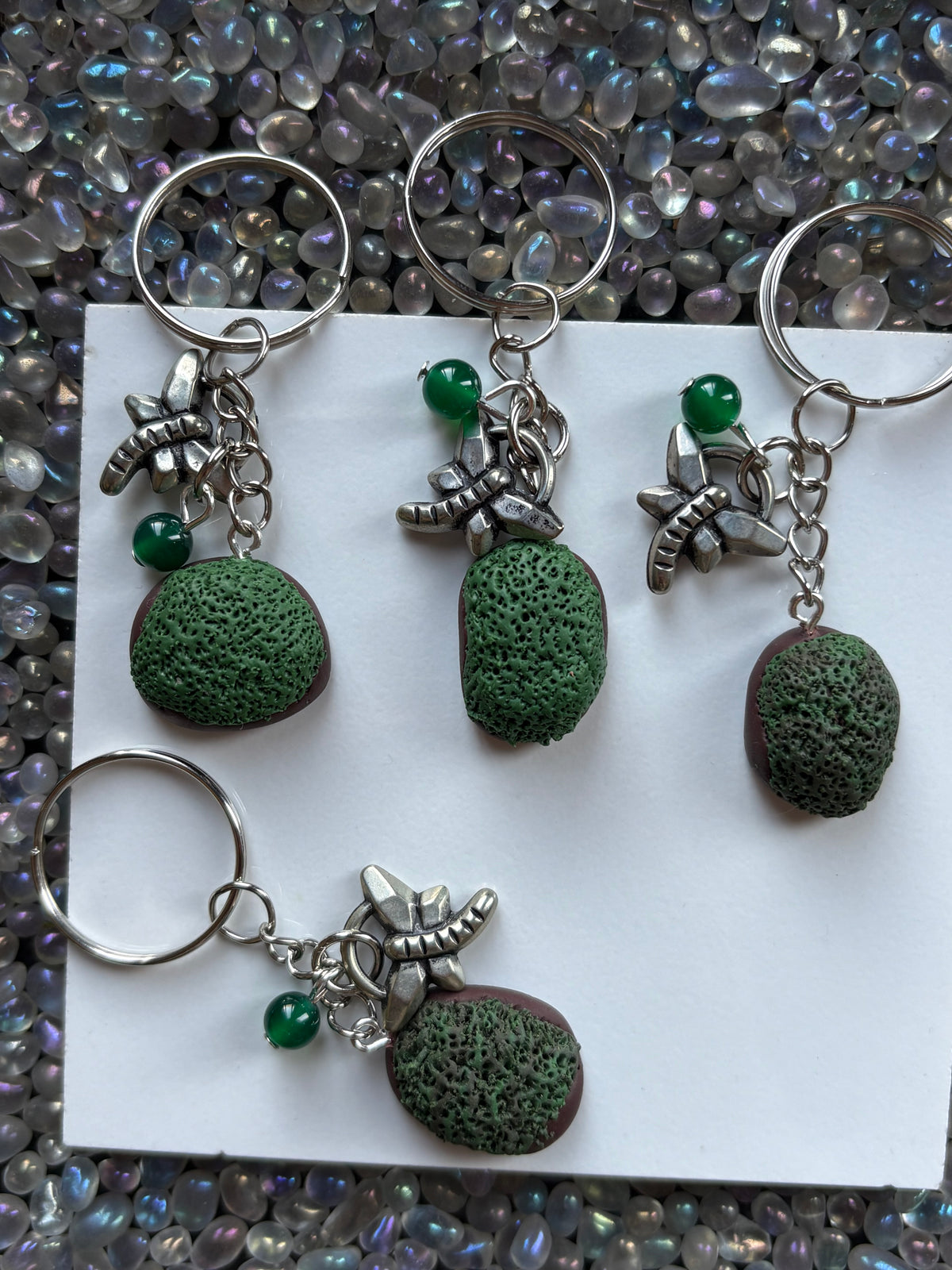 Enchanted Moss Ball Dragonfly & Green Quartz Crystal Gemstone Keychain