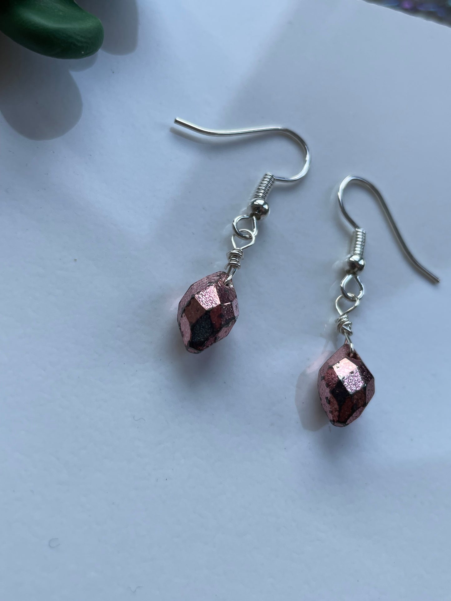 Pink Pyrite Crystal Gemstone Faceted Drop Earrings