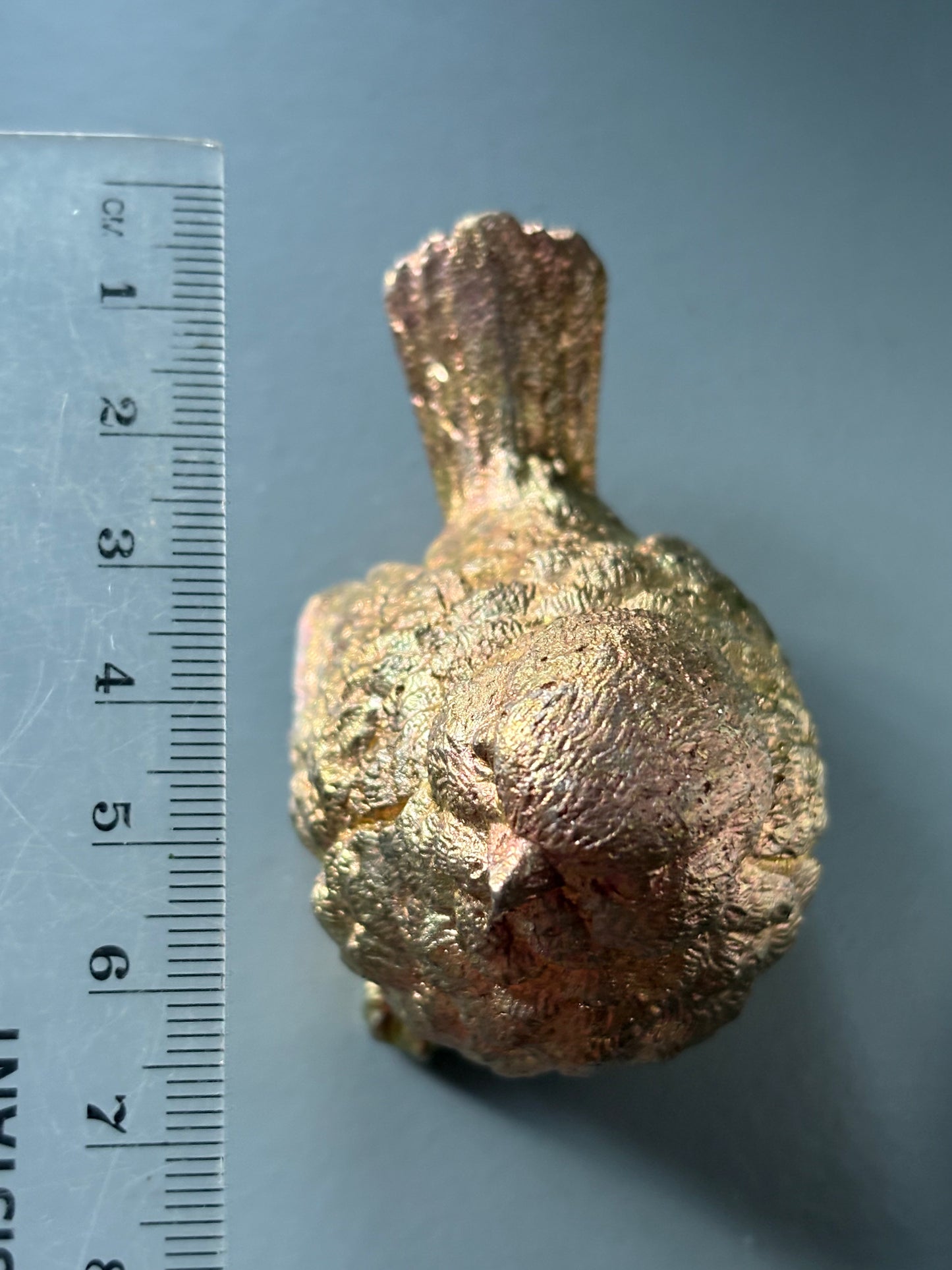 Gold Peach Bismuth Crystal Wren Song Bird Metal Art Sculpture