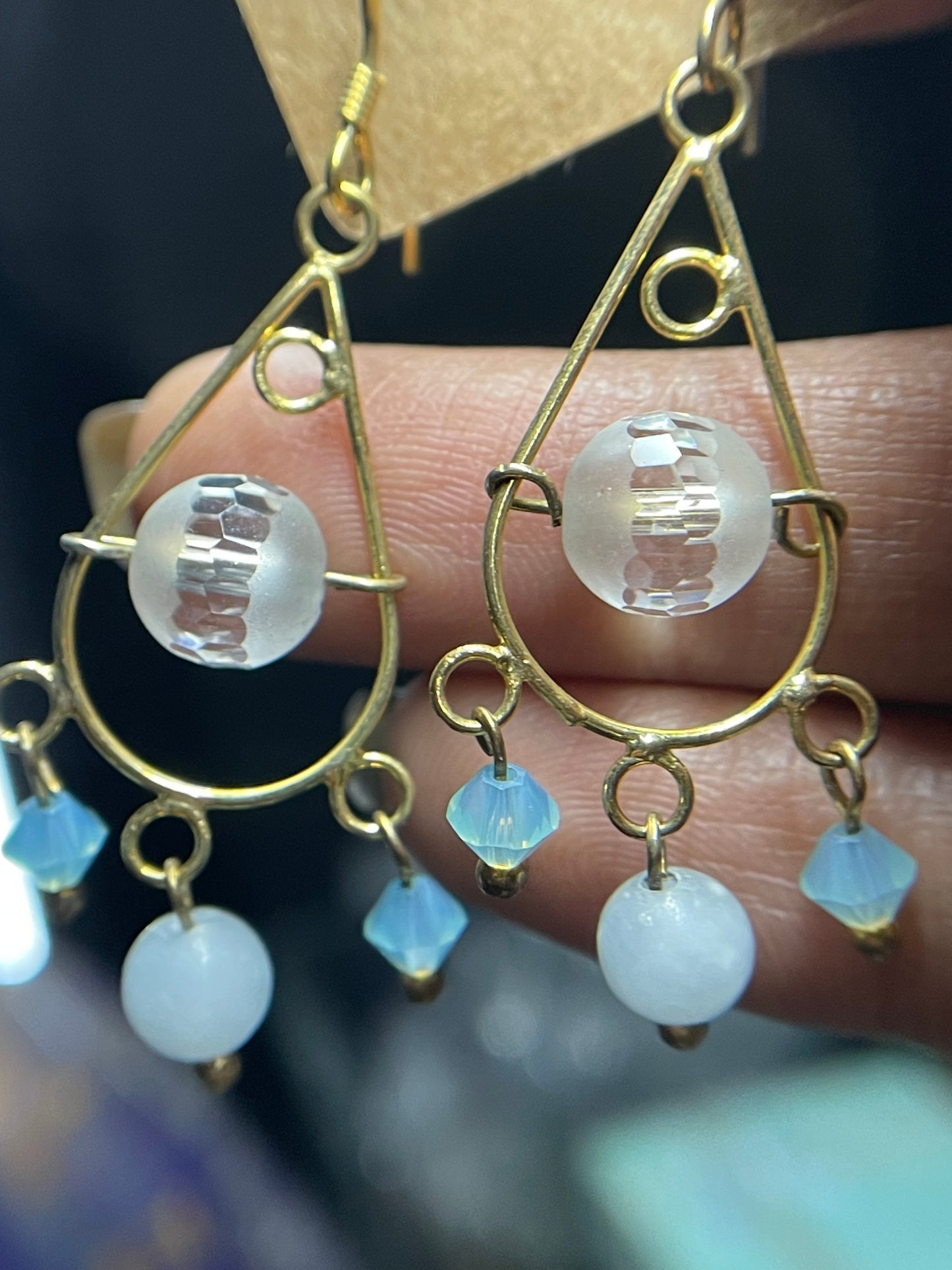 Angelite & Quartz crystal gemstone Swarovski gold chandelier 925 earrings